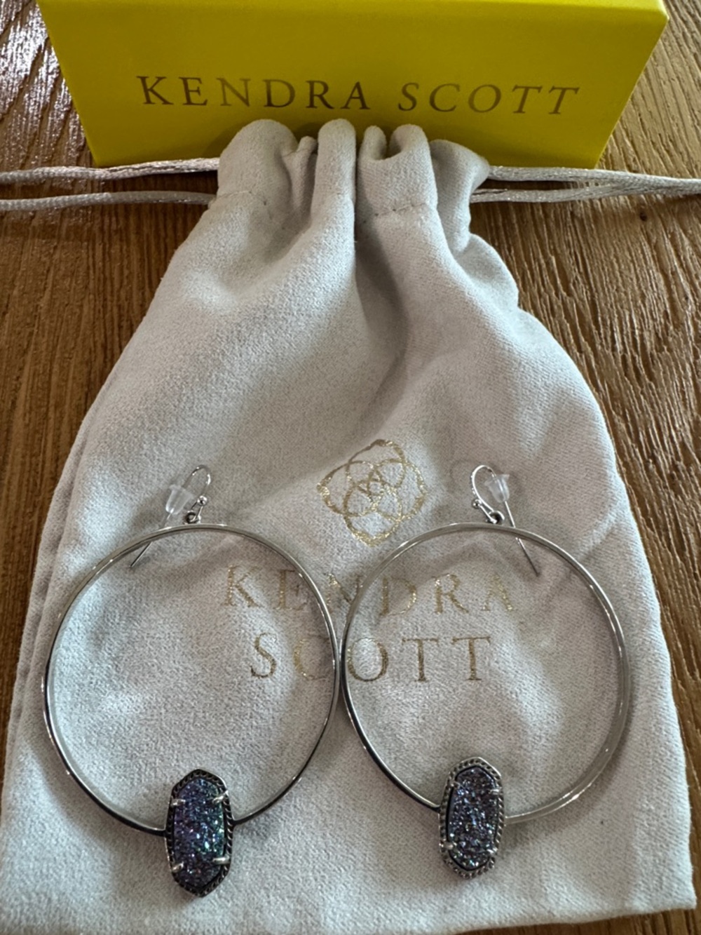 Kendra Scott Silver Hoop Earrings with Dark Iridescent Druzy Accents Brand New